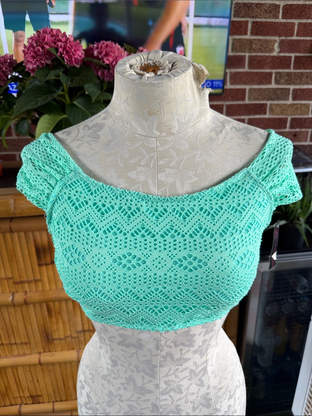 No Boundaries Mint Crochet Off-Shoulder Crop Top swimwear